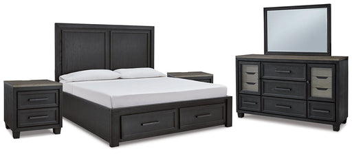 Foyland California King Panel Storage Bed with Mirrored Dresser and 2 Nightstands Royal Furniture