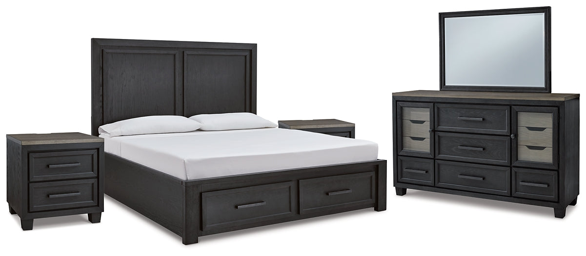 Foyland California King Panel Storage Bed with Mirrored Dresser and 2 Nightstands Royal Furniture