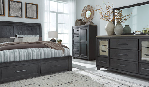 Foyland California King Panel Storage Bed with Mirrored Dresser and Chest Royal Furniture