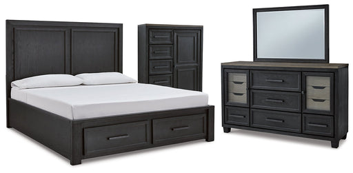 Foyland California King Panel Storage Bed with Mirrored Dresser and Chest Royal Furniture