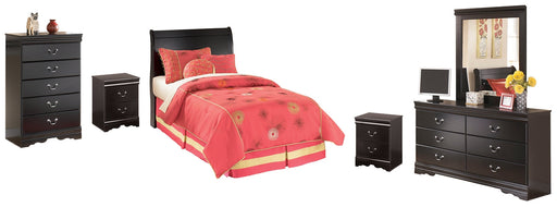 Huey Vineyard Twin Sleigh Headboard with Mirrored Dresser, Chest and 2 Nightstands Royal Furniture