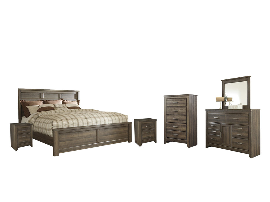 Juararo California King Panel Bed with Mirrored Dresser, Chest and 2 Nightstands Royal Furniture