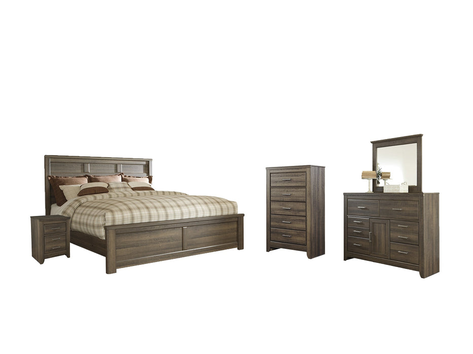 Juararo California King Panel Bed with Mirrored Dresser, Chest and Nightstand Royal Furniture