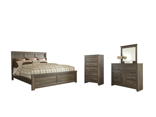 Juararo California King Panel Bed with Mirrored Dresser and Chest Royal Furniture