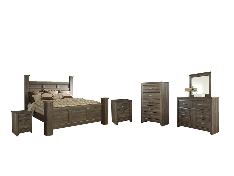 Juararo California King Poster Bed with Mirrored Dresser, Chest and 2 Nightstands Royal Furniture