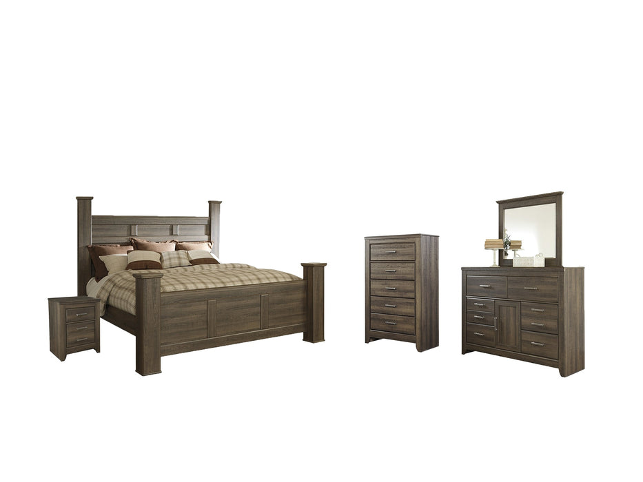 Juararo California King Poster Bed with Mirrored Dresser, Chest and Nightstand Royal Furniture