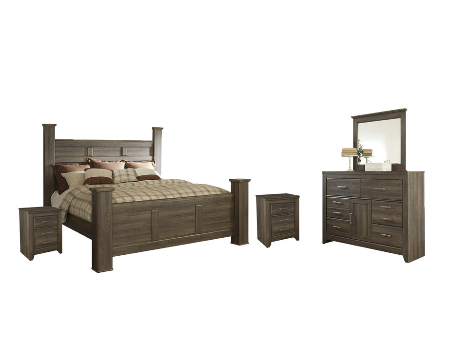 Juararo California King Poster Bed with Mirrored Dresser and 2 Nightstands Royal Furniture