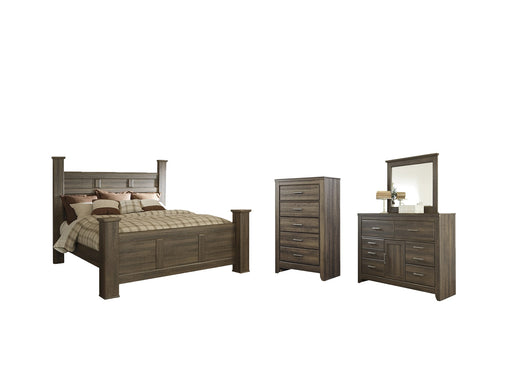 Juararo California King Poster Bed with Mirrored Dresser and Chest Royal Furniture