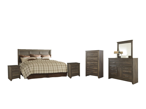 Juararo King/California King Panel Headboard with Mirrored Dresser, Chest and 2 Nightstands Royal Furniture