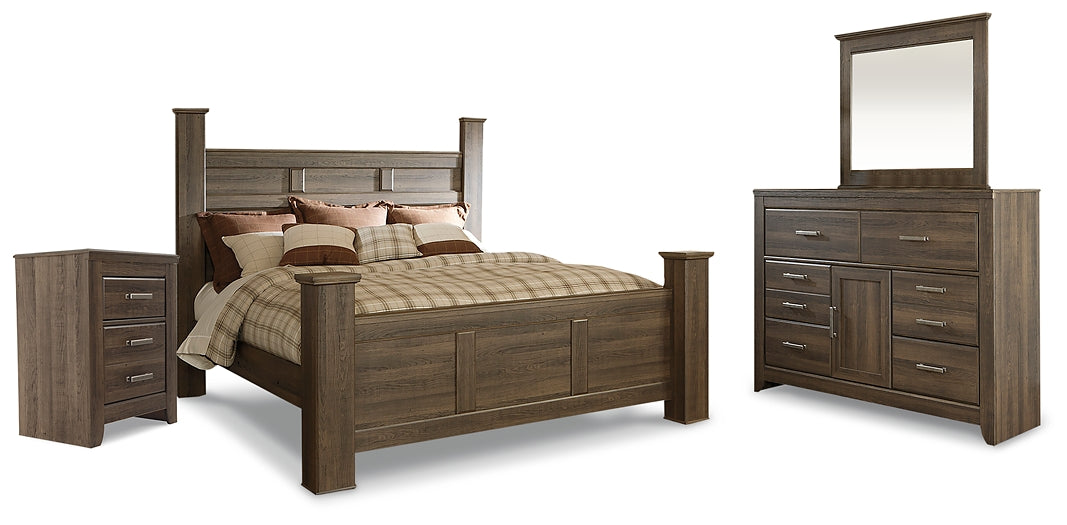 Juararo King Poster Bed with Mirrored Dresser and Nightstand Royal Furniture