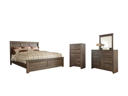 Juararo Queen Panel Bed with Mirrored Dresser and Chest Royal Furniture