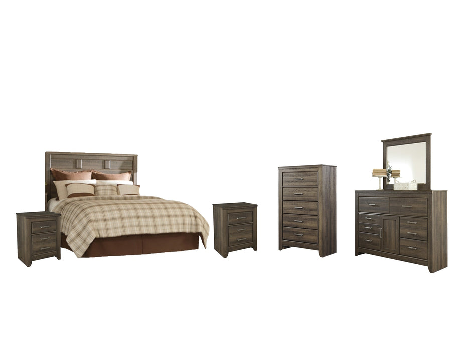 Juararo Queen Panel Headboard with Mirrored Dresser, Chest and 2 Nightstands Royal Furniture