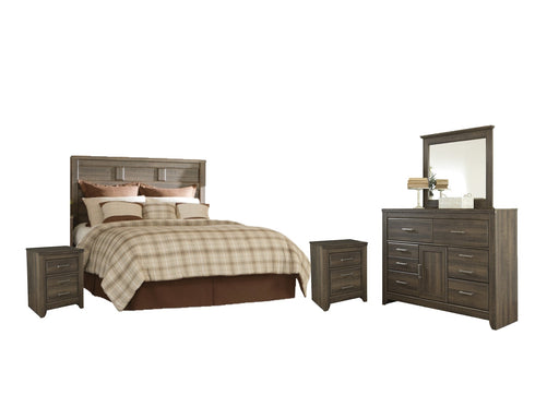 Juararo Queen Panel Headboard with Mirrored Dresser and 2 Nightstands Royal Furniture