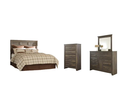 Juararo Queen Panel Headboard with Mirrored Dresser and Chest Royal Furniture