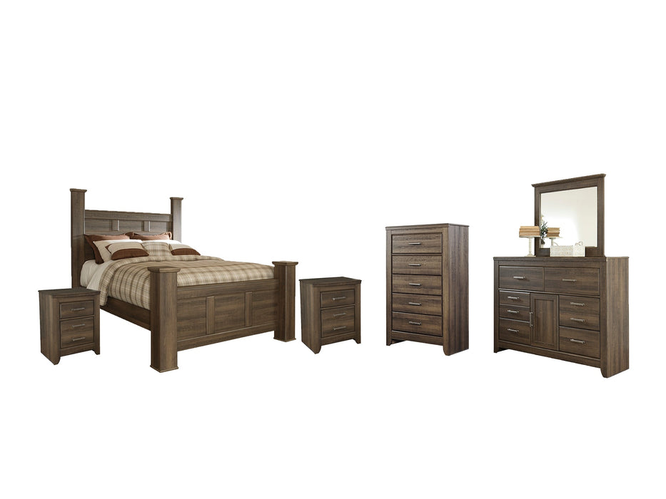 Juararo Queen Poster Bed with Mirrored Dresser, Chest and 2 Nightstands Royal Furniture