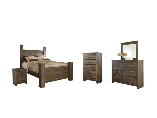 Juararo Queen Poster Bed with Mirrored Dresser, Chest and Nightstand Royal Furniture