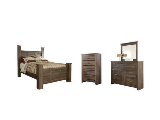 Juararo Queen Poster Bed with Mirrored Dresser and Chest Royal Furniture