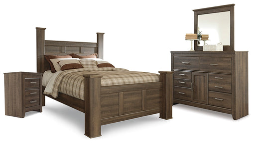 Juararo Queen Poster Headboard with Mirrored Dresser and Nightstand Royal Furniture