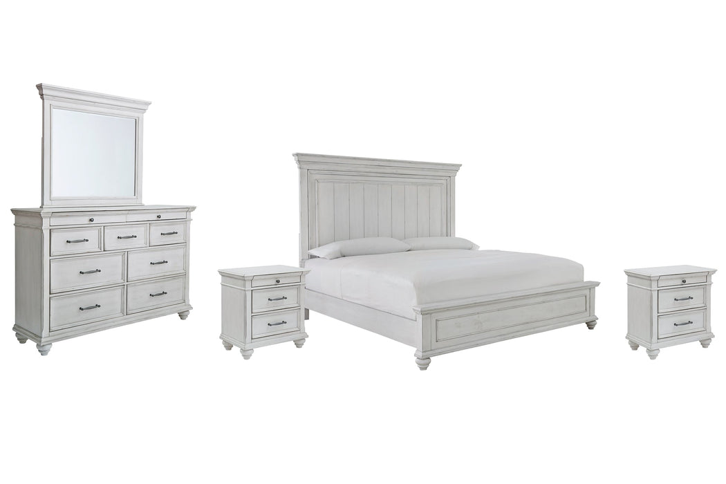 Kanwyn King Panel Bed with Mirrored Dresser and 2 Nightstands Royal Furniture