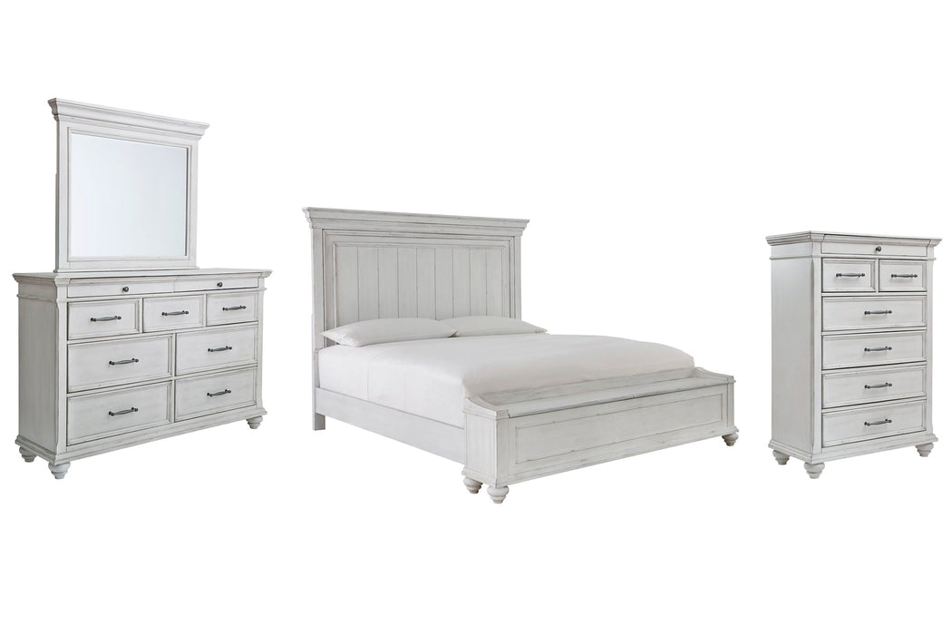 Kanwyn King Panel Bed with Storage with Mirrored Dresser and Chest Royal Furniture