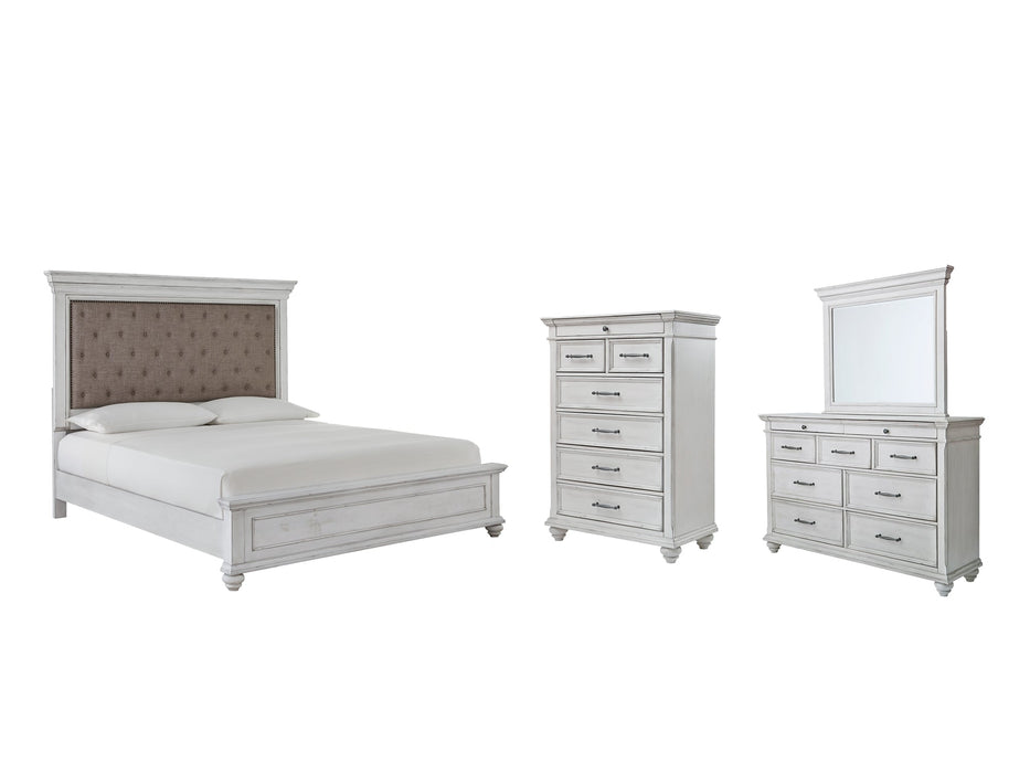 Kanwyn Queen Panel Bed with Mirrored Dresser and Chest Royal Furniture