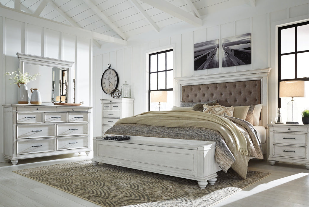 Kanwyn Queen Panel Bed with Storage with Mirrored Dresser and 2 Nightstands Royal Furniture