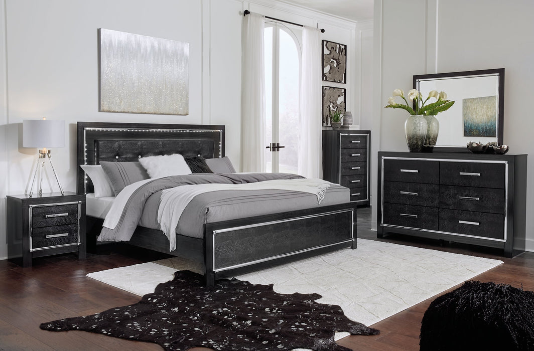 Kaydell King/California King Upholstered Panel Headboard with Mirrored Dresser and 2 Nightstands Royal Furniture