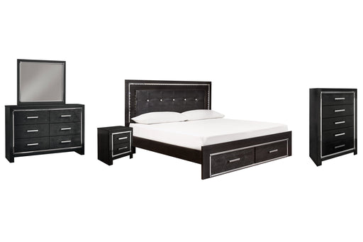 Kaydell King Panel Bed with Storage with Mirrored Dresser, Chest and Nightstand Royal Furniture