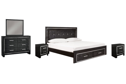 Kaydell King Panel Bed with Storage with Mirrored Dresser and 2 Nightstands Royal Furniture