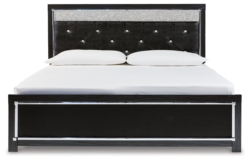 Kaydell King Upholstered Panel Bed with Mirrored Dresser, Chest and Nightstand Royal Furniture