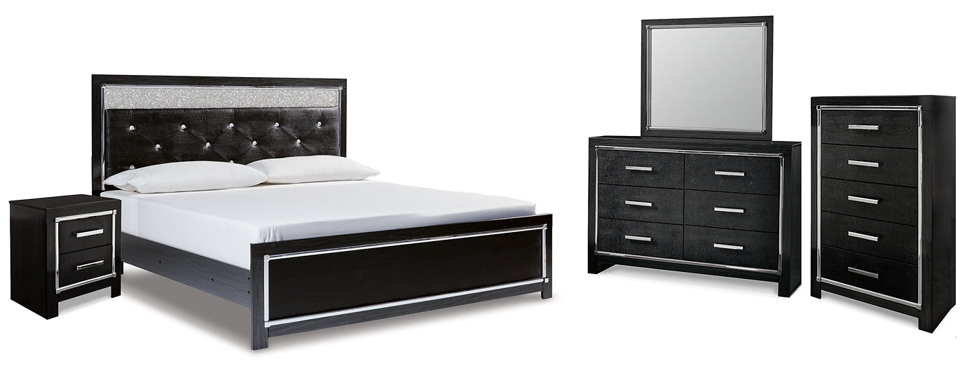 Kaydell King Upholstered Panel Bed with Mirrored Dresser, Chest and Nightstand Royal Furniture