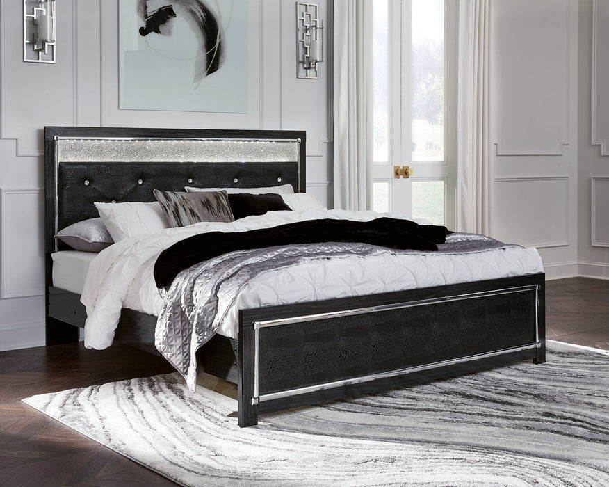 Kaydell King Upholstered Panel Bed with Mirrored Dresser and Chest Royal Furniture