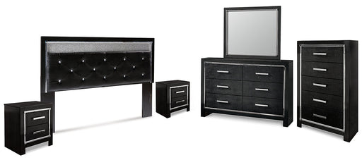 Kaydell King Upholstered Panel Headboard with Mirrored Dresser, Chest and 2 Nightstands Royal Furniture