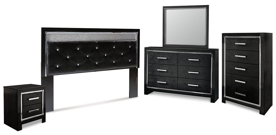 Kaydell King Upholstered Panel Headboard with Mirrored Dresser, Chest and Nightstand Royal Furniture