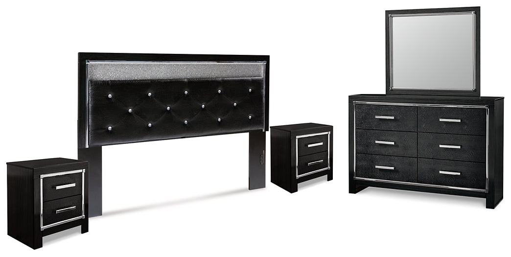 Kaydell King Upholstered Panel Headboard with Mirrored Dresser and 2 Nightstands Royal Furniture