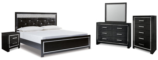 Kaydell King Upholstered Panel Platform Bed with Mirrored Dresser, Chest and Nightstand Royal Furniture