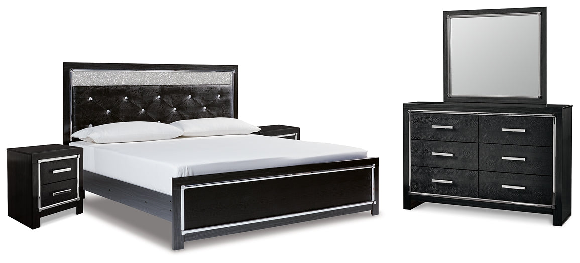 Kaydell King Upholstered Panel Platform Bed with Mirrored Dresser and 2 Nightstands Royal Furniture