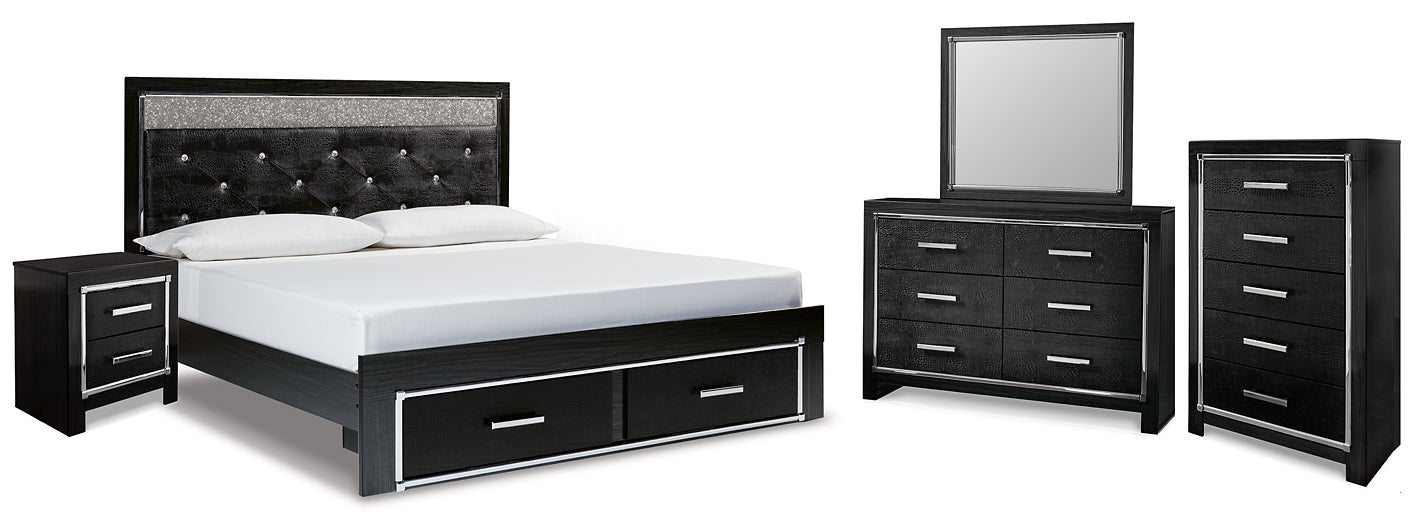 Kaydell King Upholstered Panel Storage Bed with Mirrored Dresser, Chest and Nightstand Royal Furniture