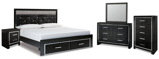 Kaydell King Upholstered Panel Storage Bed with Mirrored Dresser, Chest and Nightstand Royal Furniture