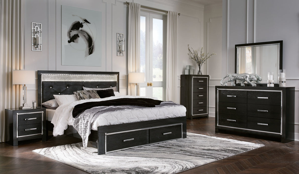 Kaydell King Upholstered Panel Storage Bed with Mirrored Dresser, Chest and Nightstand Royal Furniture