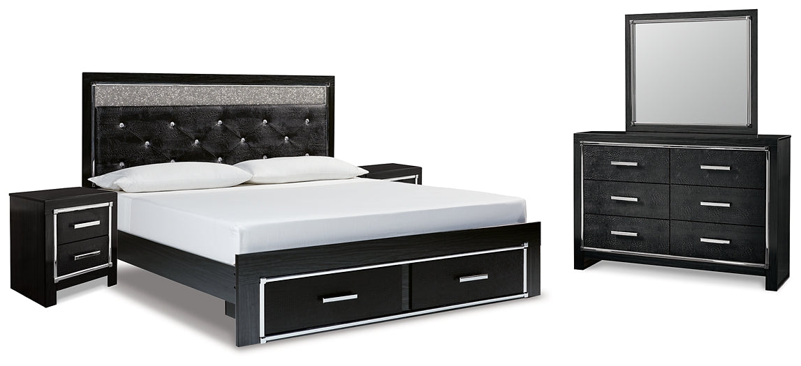 Kaydell King Upholstered Panel Storage Bed with Mirrored Dresser and 2 Nightstands Royal Furniture