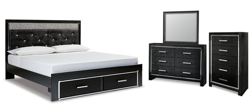 Kaydell King Upholstered Panel Storage Bed with Mirrored Dresser and Chest Royal Furniture