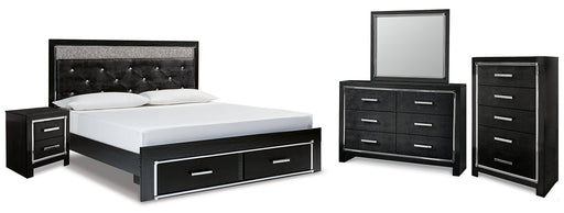 Kaydell King Upholstered Panel Storage Platform Bed with Mirrored Dresser, Chest and Nightstand Royal Furniture