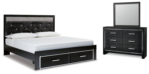 Kaydell King Upholstered Panel Storage Platform Bed with Mirrored Dresser Royal Furniture