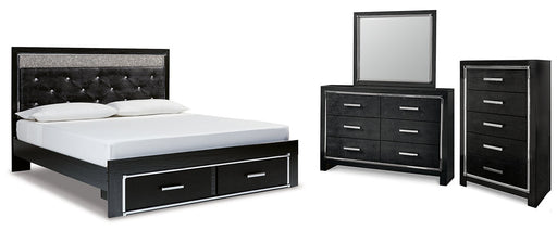 Kaydell King Upholstered Panel Storage Platform Bed with Mirrored Dresser and Chest Royal Furniture