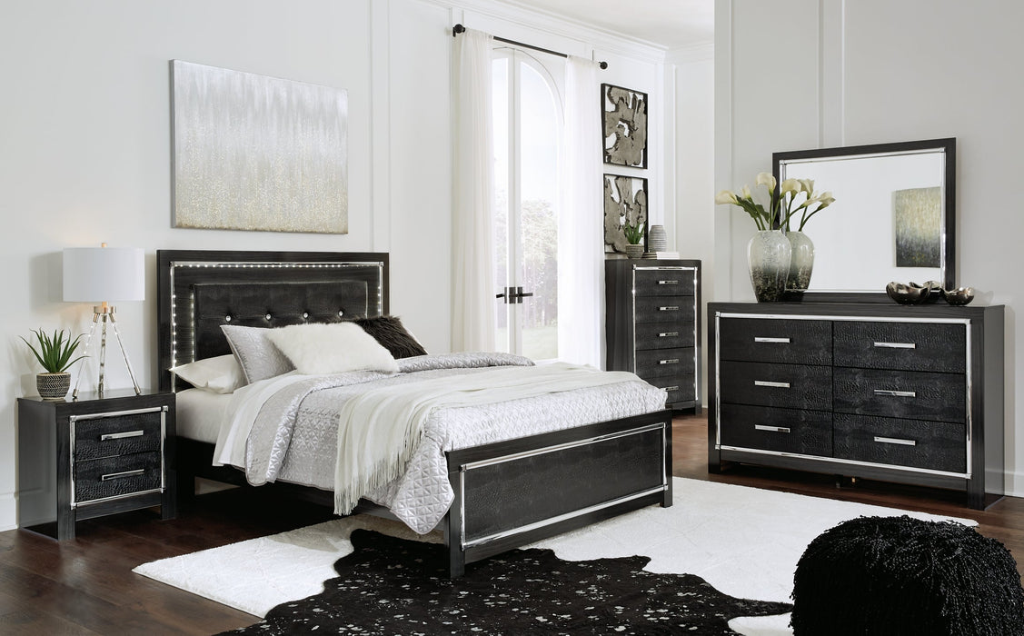 Kaydell Queen/Full Upholstered Panel Headboard with Mirrored Dresser and 2 Nightstands Royal Furniture