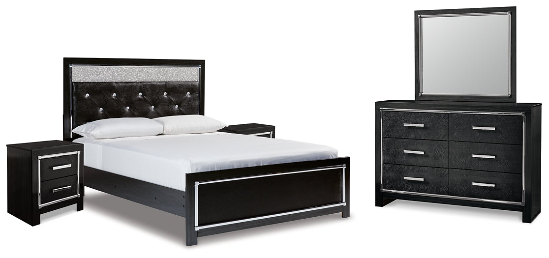 Kaydell Queen Upholstered Panel Bed with Mirrored Dresser and 2 Nightstands Royal Furniture