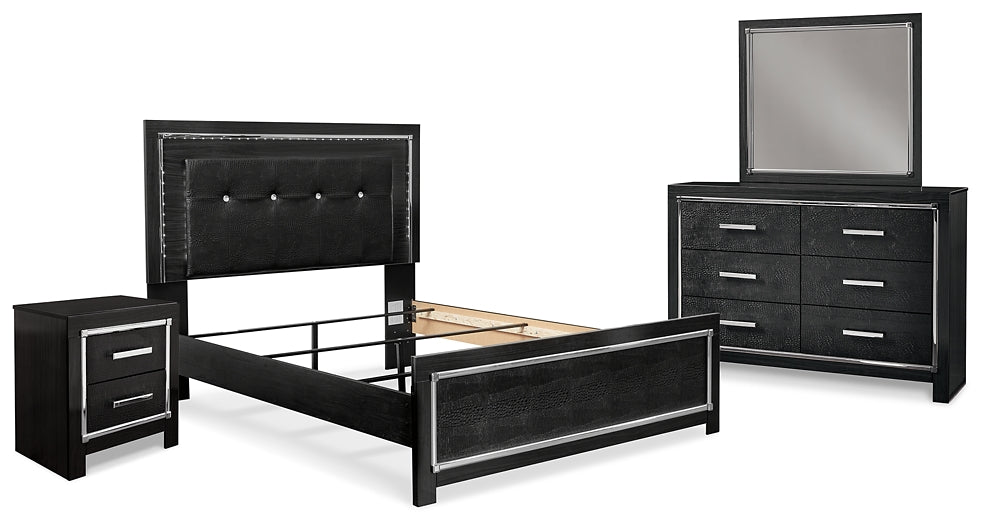 Kaydell Queen Upholstered Panel Bed with Mirrored Dresser and Nightstand Royal Furniture