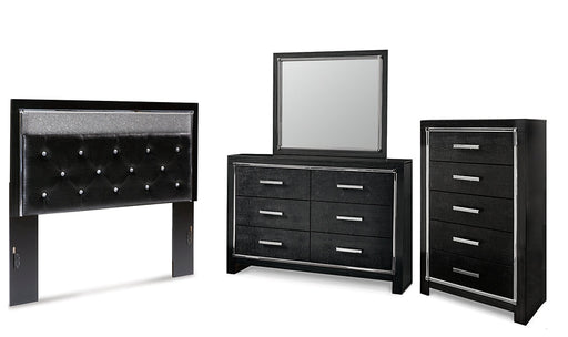 Kaydell Queen Upholstered Panel Headboard with Mirrored Dresser and Chest Royal Furniture