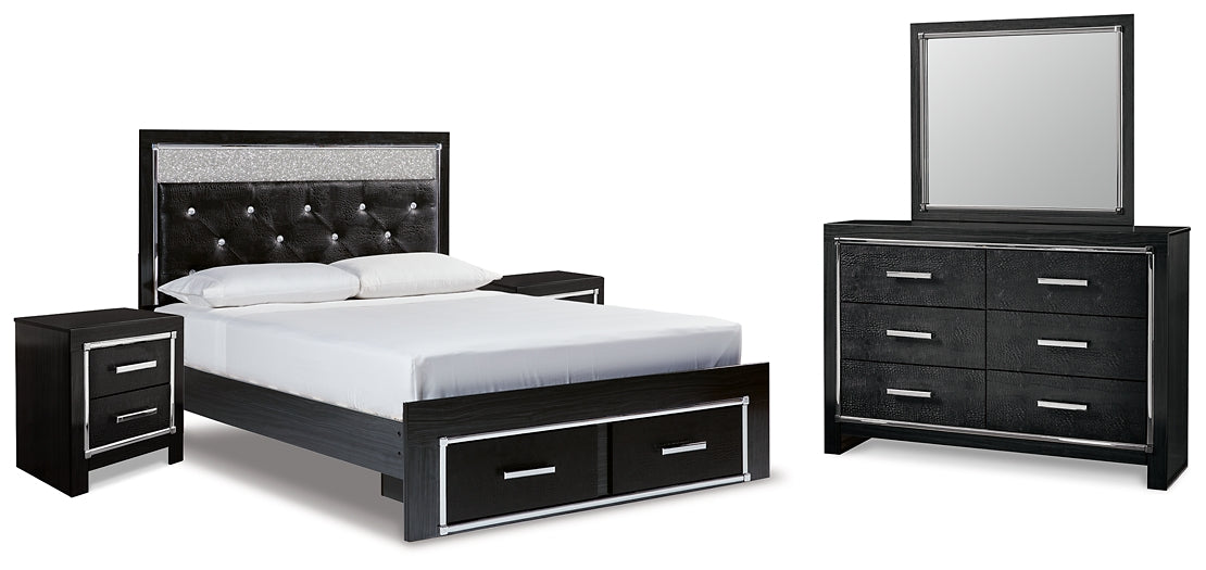 Kaydell Queen Upholstered Panel Storage Bed with Mirrored Dresser and 2 Nightstands Royal Furniture